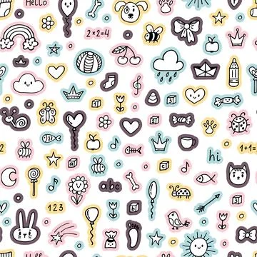 Cute hand darwn seamless pattern with sketch elements. Background for littl.. Stock Illustration