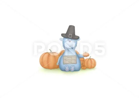 Cute hand draw thanksgiving illustration with fantasy animal and pumpkins Stock Illustration