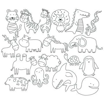 Cute hand-drawn animals including lion elephant and penguin Stock Illustration