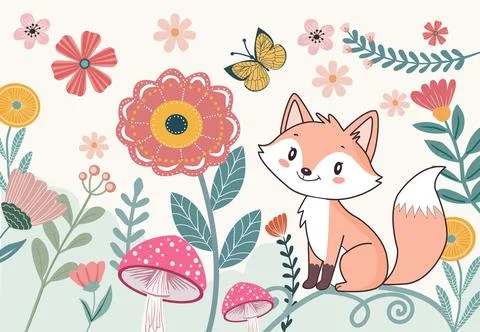 Cute hand drawn background with fox and flower garden. Stock Illustration
