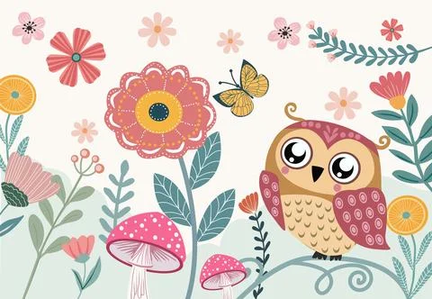 Cute hand drawn background with owl and flower garden. Stock Illustration