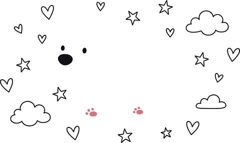 Cute Hand-Drawn Bear Face with Stars, Clouds, and Hearts on White Background. Stock Illustration