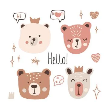 Cute hand drawn bear faces set with speech bubbles and decorative elements in Stock Illustration