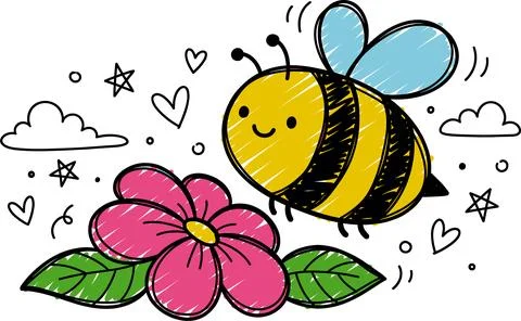 Cute Hand-Drawn Bee and Flower Doodle Illustration. Illustrazione stock