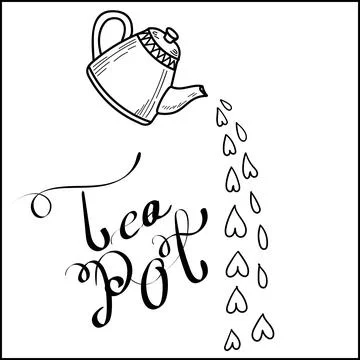 Cute hand drawn black and white illustration of a decorative teapot pouring h Ilustración de archivo
