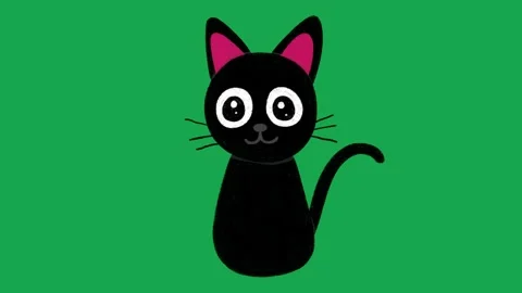 Cute Hand Drawn Black Cat Winking Animated Character on Green Screen Видео 341310568