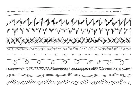 Cute Hand Drawn Border Set, dividers. Abstract seamless lines, decorative b.. Ilustração Stock