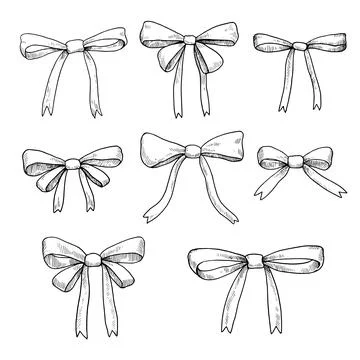 Cute hand-drawn bows. Set of ink outline vector illustrations isolated on w.. Stock Illustration