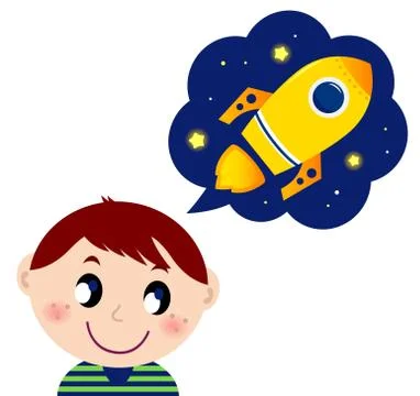 Cute hand-drawn Boy with ROCKET / Blue Gold Stock Illustration