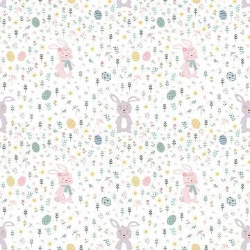 Cute hand drawn bunnies with easter eggs seamless pattern for decorative,ki.. 스톡 일러스트