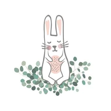 Cute hand drawn bunny on the Eucaliptus branches. Easter Vector illustration 스톡 일러스트
