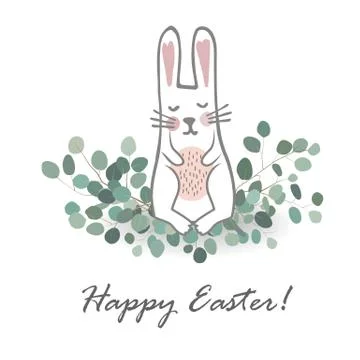 Cute hand drawn bunny on the Eucaliptus branches. Easter Vector illustration 库存插图
