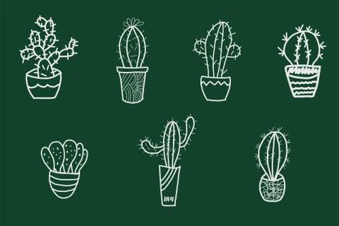 Cute hand drawn cactus set in the pots. Stock Illustration