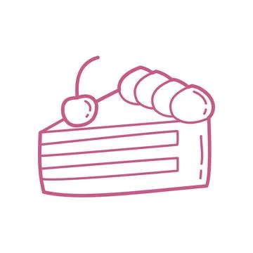 Cute Hand-Drawn Cake Slice Doodle Icon with Cherry in Minimal Line Art Style Stock Illustration