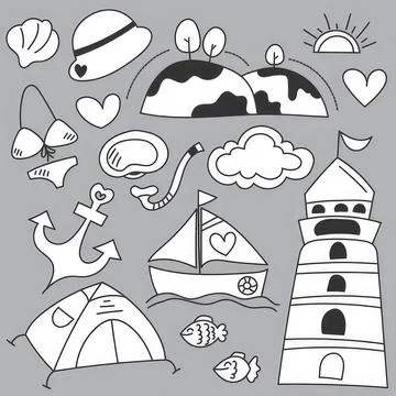 Cute hand-drawn camping and nature scene with boat and lighthouse Stock Illustration
