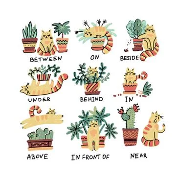 Cute hand drawn cat character in different poses with plant pot. Prepositions Stock Illustration