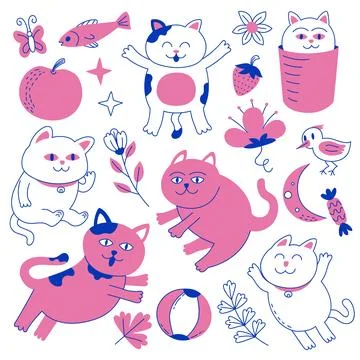 Cute Hand Drawn Cat Doodle Sticker Collection Stock Illustration