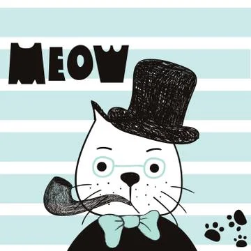 Cute hand drawn cat with hat. Gentelman cat. T-shirt design, striped backgr.. Stock Illustration