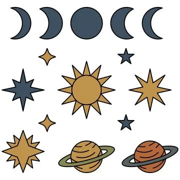 Cute hand drawn celestial space moon star planet doodle set. Stock Illustration