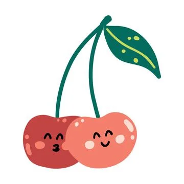 Cute hand drawn cherry smiling. Kawaii funny fruit character for kids. Stock Illustration