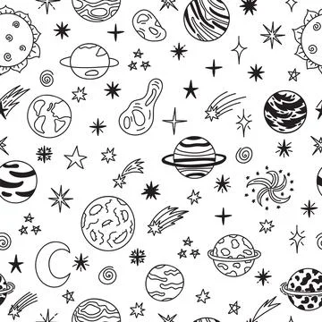 Cute hand drawn childish background. Cartoon galaxy with comets, asteroids,.. イラスト素材