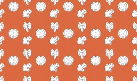 Cute hand-drawn clock and bunny pattern on orange background Stock Illustration