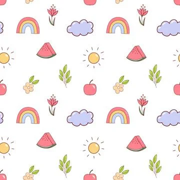 Cute hand-drawn cloud, rainbow, flower and fruit seamless pattern background. Stock Illustration