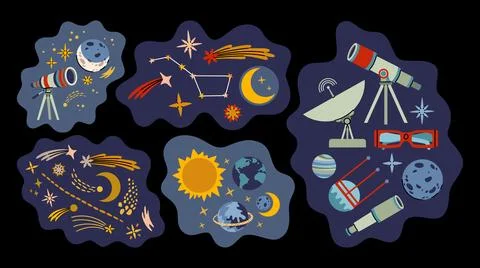 Cute hand drawn collection of compositions with space objects. Illustrazione stock