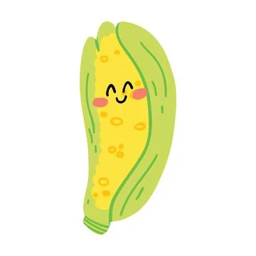 Cute hand drawn corn smiling. Kawaii funny vegetable character for kids. Stock Illustration