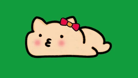 Cute Hand Drawn Cream Cat with Red Bow Kissing Animated Character Green Screen Stock Footage 341310705