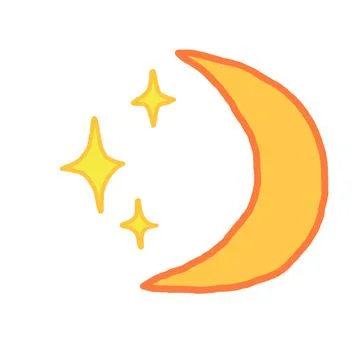 Cute Hand-Drawn Crescent Moon and Sparkle Stars Illustration. Ilustração Stock