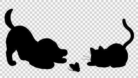 Cute hand drawn curious dog and cat in silhouettes Stock Illustration