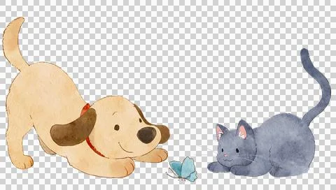 Cute hand drawn curious dog and cat in watercolor Stock Illustration