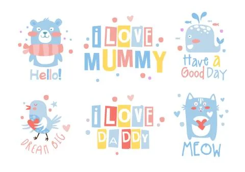 Cute hand drawn decor elements with lettering quotes, card templates for baby Stock Illustration