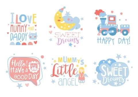 Cute hand drawn decor elements with motivation phrases, card templates for baby Illustrazione stock