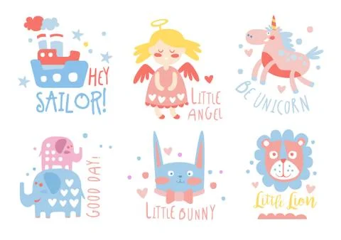Cute hand drawn decor elements with text, sailor, angel, unicorn, little bunny Stock Illustration