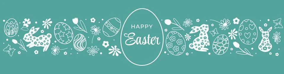 Cute hand drawn design of Easter bunnies, flowers and eggs. Horizontal seam.. Stock Illustration