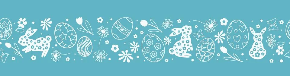 Cute Hand-Drawn Design of Easter Bunnies, Flowers, and Eggs. Horizontal Sea.. Stock Illustration