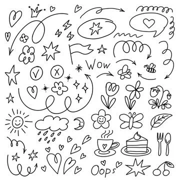 Cute hand drawn design elements set. Thin arrows and simple line drawings Stock Illustration