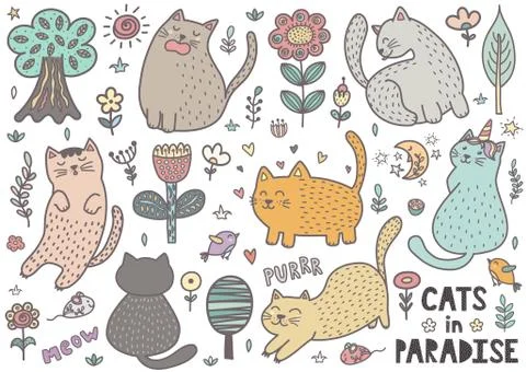 Cute hand drawn doodle cats. Funny kittens collection 库存插图