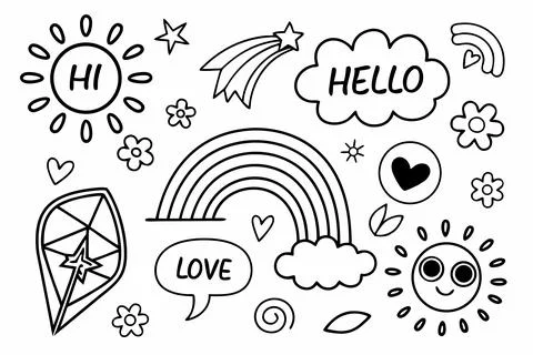 Cute hand-drawn doodle collection featuring sun, rainbow, stars, clouds, hearts Stock Illustration