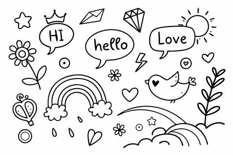 Cute hand drawn doodle collection with speech bubbles, hearts, rainbows, and sun Stock Illustration