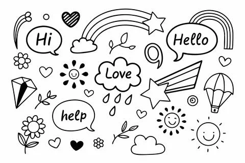 Cute hand-drawn doodle collection featuring joyful elements and speech bubbles. Stock Illustration