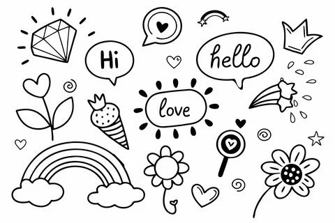 Cute hand drawn doodle collection with various joyful elements and symbols. 库存插图