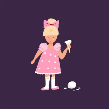 Cute hand drawn doodle crying girl with ice cream on the floor. Small blond g Stock Illustration