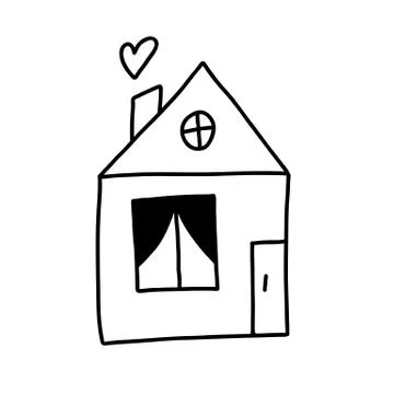 Cute hand drawn doodle simple icon of house with door, window, roof and chimn Stock Illustration