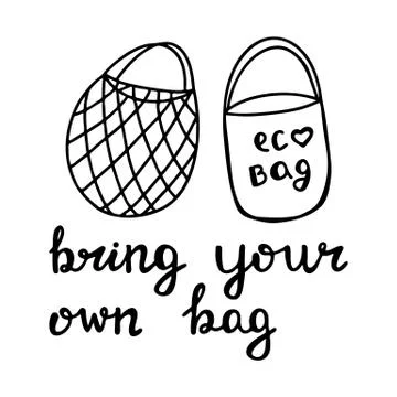 Cute hand drawn doodle string and cotton eco bag. Bring your own bag quote. I Stock Illustration