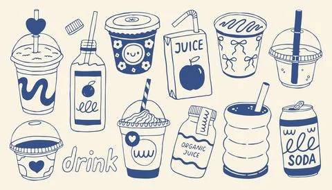 Cute hand drawn drink vector set featuring juice, smoothie, soda, and bottles Stock Illustration