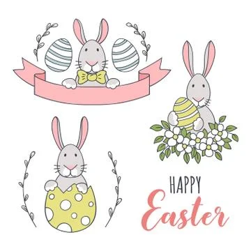 Cute hand-drawn Easter bunnies. Vector clipart. Stock Illustration