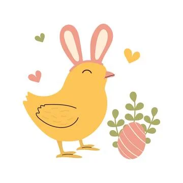 Cute hand drawn Easter Chick with bunny ears and egg olated on white backgr.. Stock Illustration